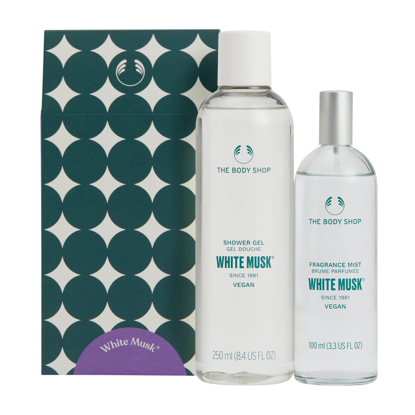 The Body Shop White Musk shower gel and fragrance mist set with packaging.